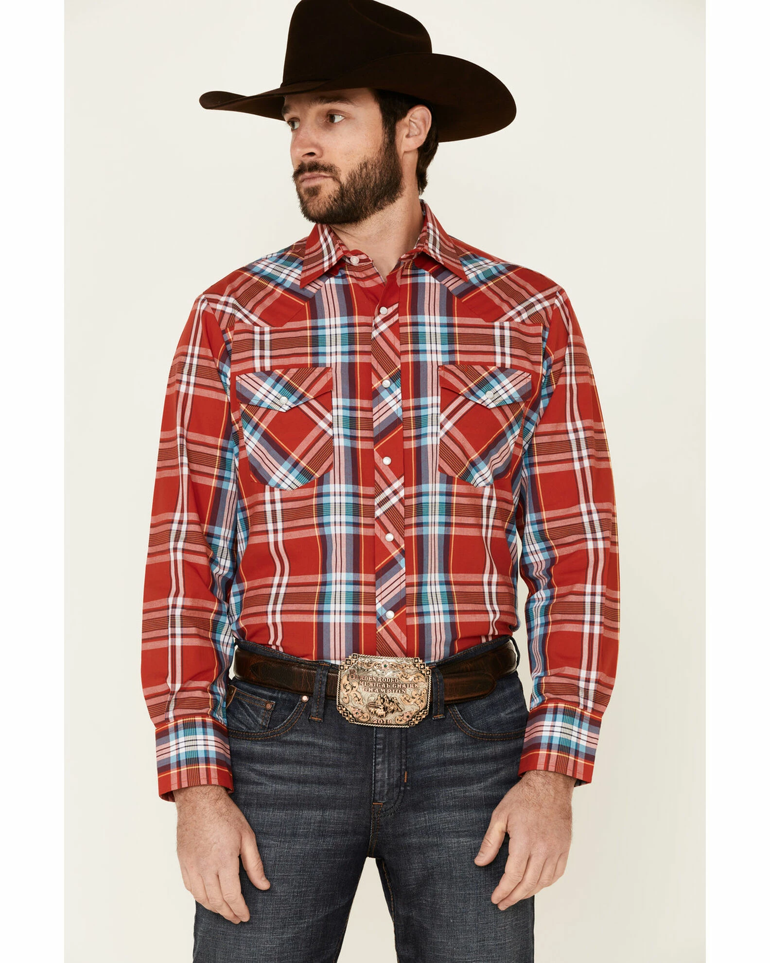 Roper Men's Warm Red Large Plaid Long Sleeve Snap Western Shirt 3 Roper Men's Warm Red Large Plaid Long Sleeve Snap Western Shirt