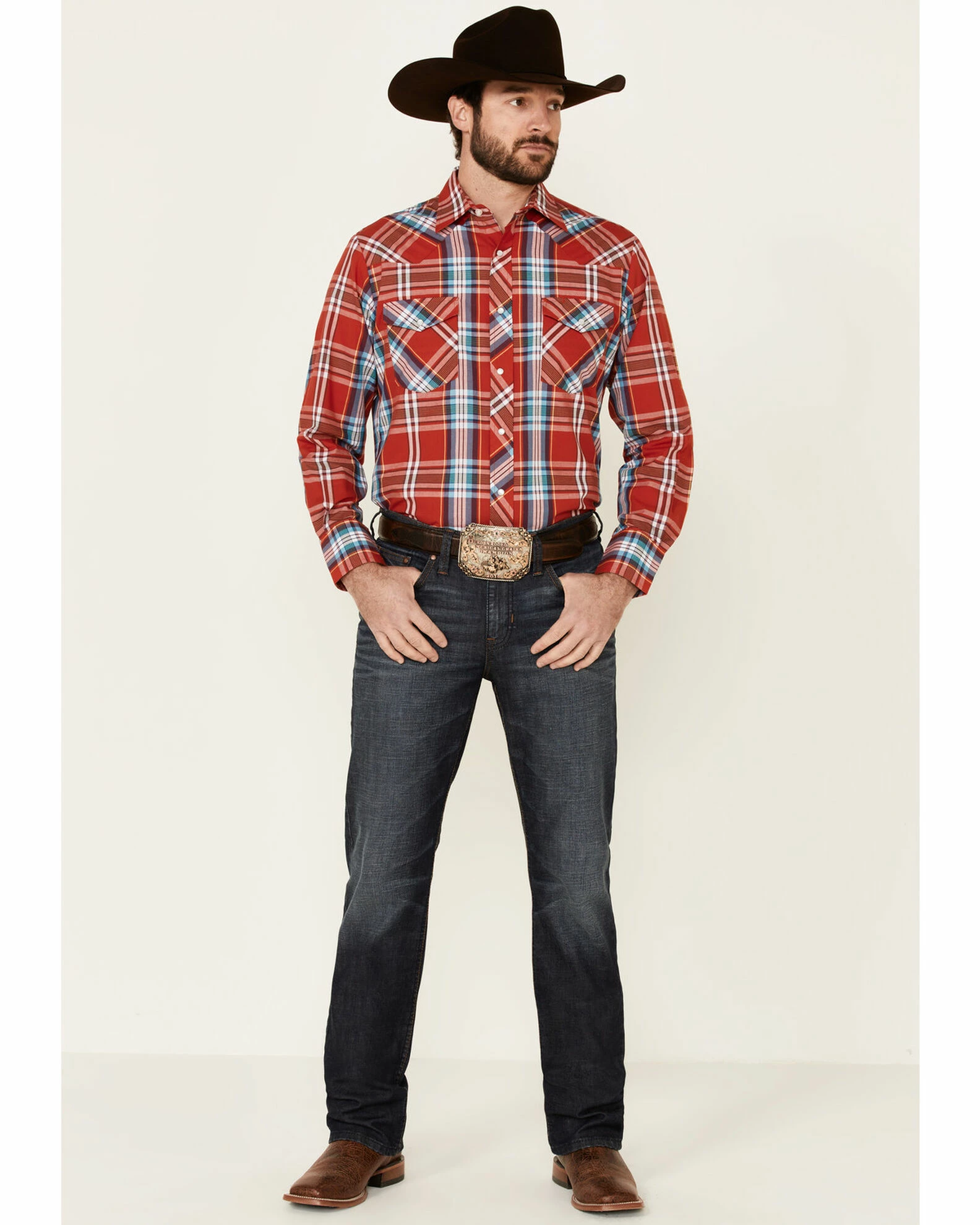 Roper Men's Warm Red Large Plaid Long Sleeve Snap Western Shirt 4 Roper Men's Warm Red Large Plaid Long Sleeve Snap Western Shirt - Image 2