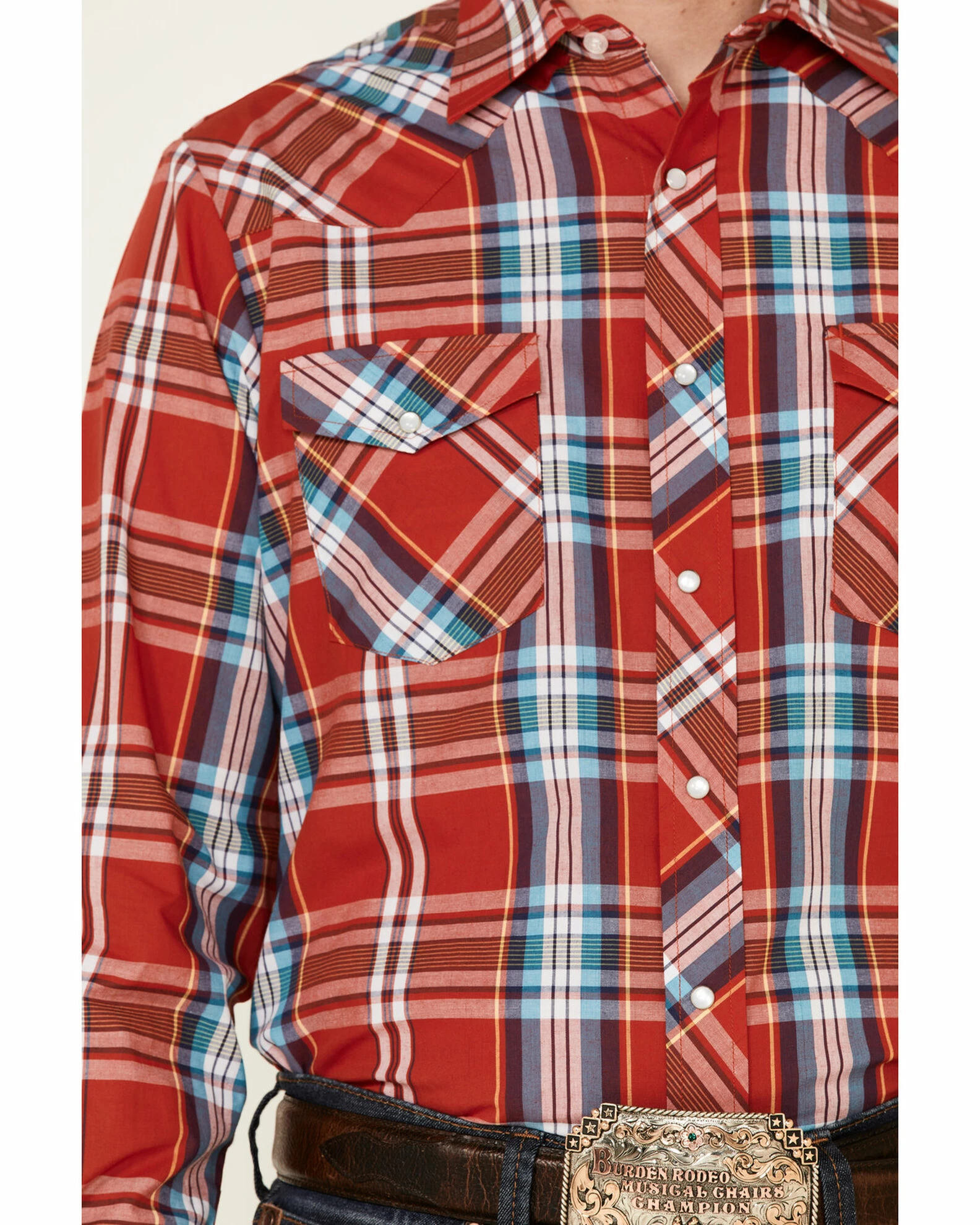 Roper Men's Warm Red Large Plaid Long Sleeve Snap Western Shirt 5 Roper Men's Warm Red Large Plaid Long Sleeve Snap Western Shirt - Image 3