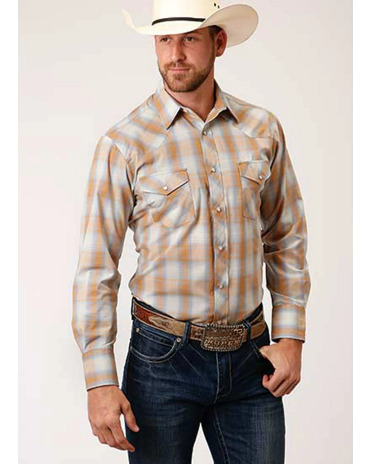 Roper Men's Classic Light Brown Plaid Long Sleeve Snap Western Shirt Lt Brown 4 Roper Men's Classic Light Brown Plaid Long Sleeve Snap Western Shirt Lt Brown - Image 2
