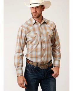Roper Men's Classic Light Brown Plaid Long Sleeve Snap Western Shirt Lt Brown