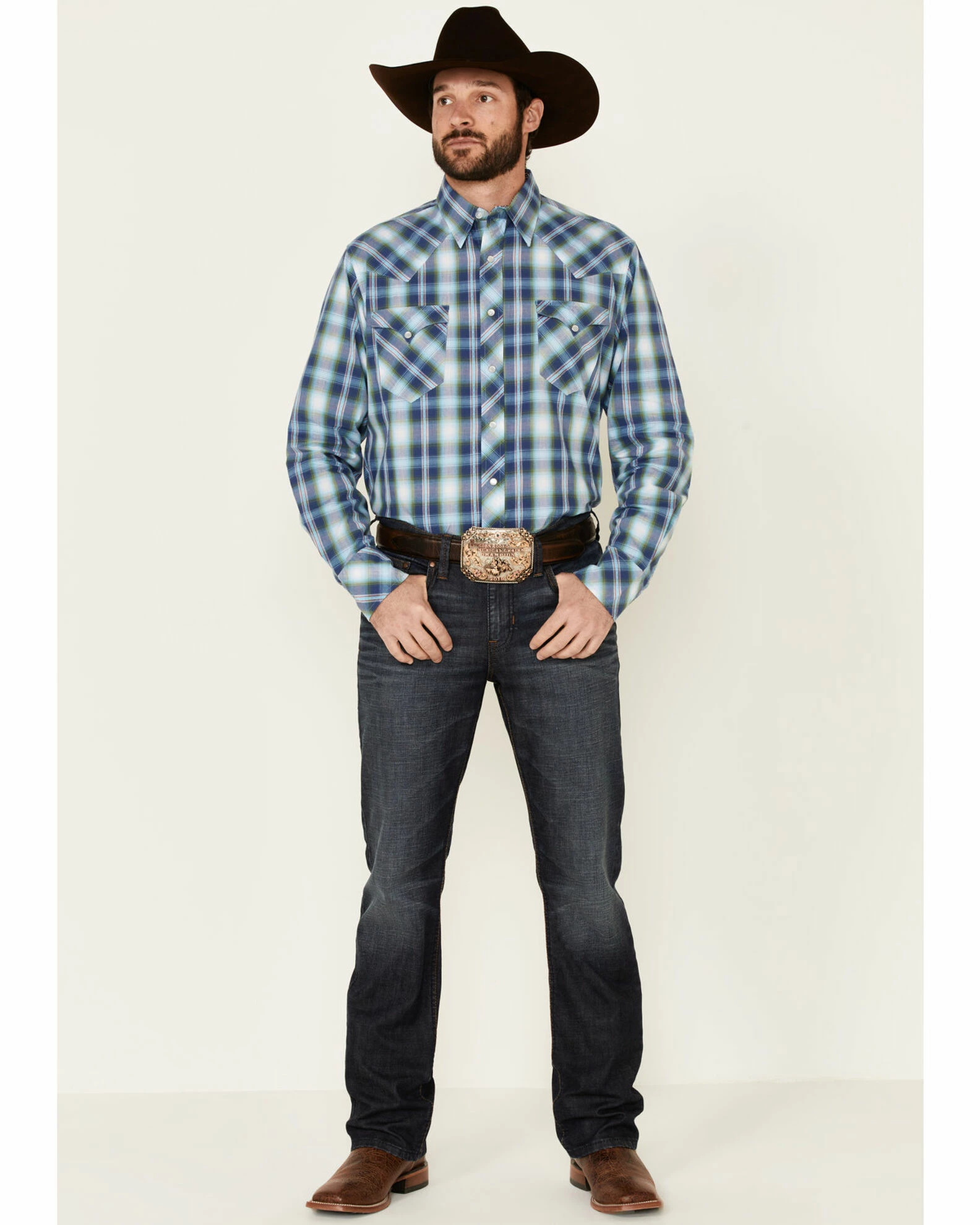 Roper West Made Men's Dobby Plaid Long Sleeve Snap Western Shirt Blue 4 Roper West Made Men's Dobby Plaid Long Sleeve Snap Western Shirt Blue - Image 2