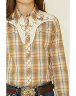 Roper Girls' Mustard Plaid Fancy Applique Yoke Long Sleeve Snap Western Shirt 9 Roper Girls' Mustard Plaid Fancy Applique Yoke Long Sleeve Snap Western Shirt -Roper Shop 2000339081 702 P3