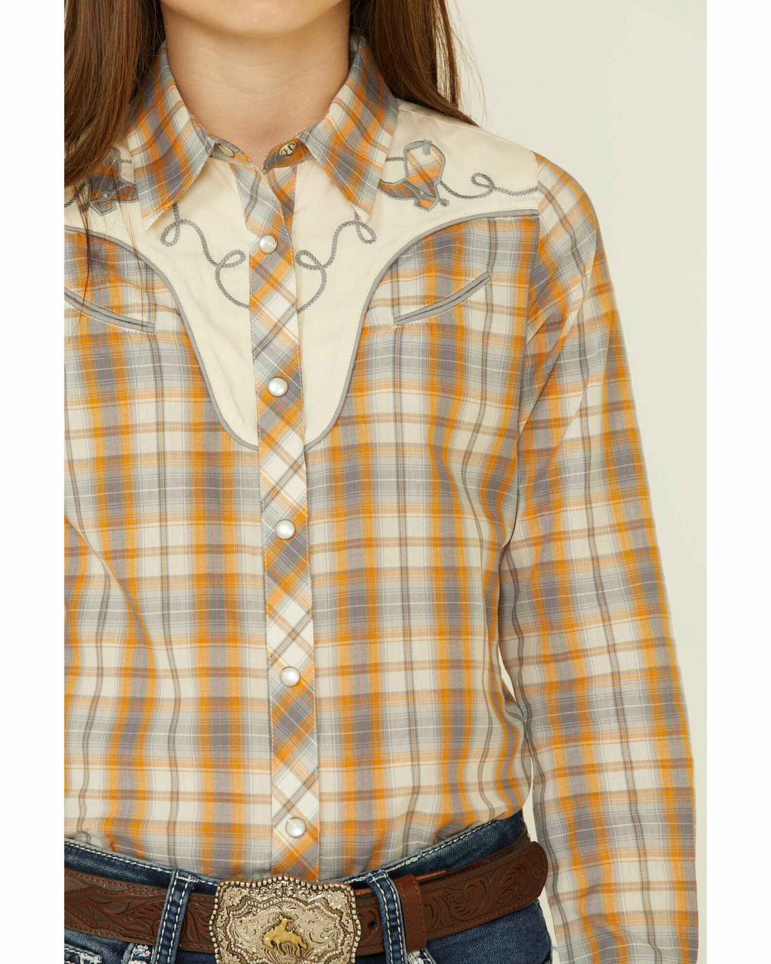 Roper Girls' Mustard Plaid Fancy Applique Yoke Long Sleeve Snap Western Shirt 5 Roper Girls' Mustard Plaid Fancy Applique Yoke Long Sleeve Snap Western Shirt - Image 3