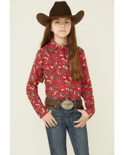 Roper Girls' Red Boot Scoot Print Long Sleeve Snap Western Shirt 