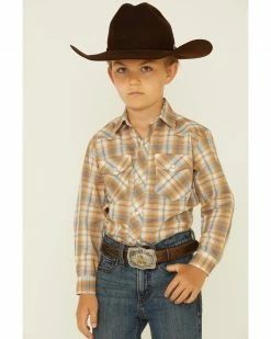 Roper Boys' Orange & Grey Plaid Long Sleeve Snap Western Shirt