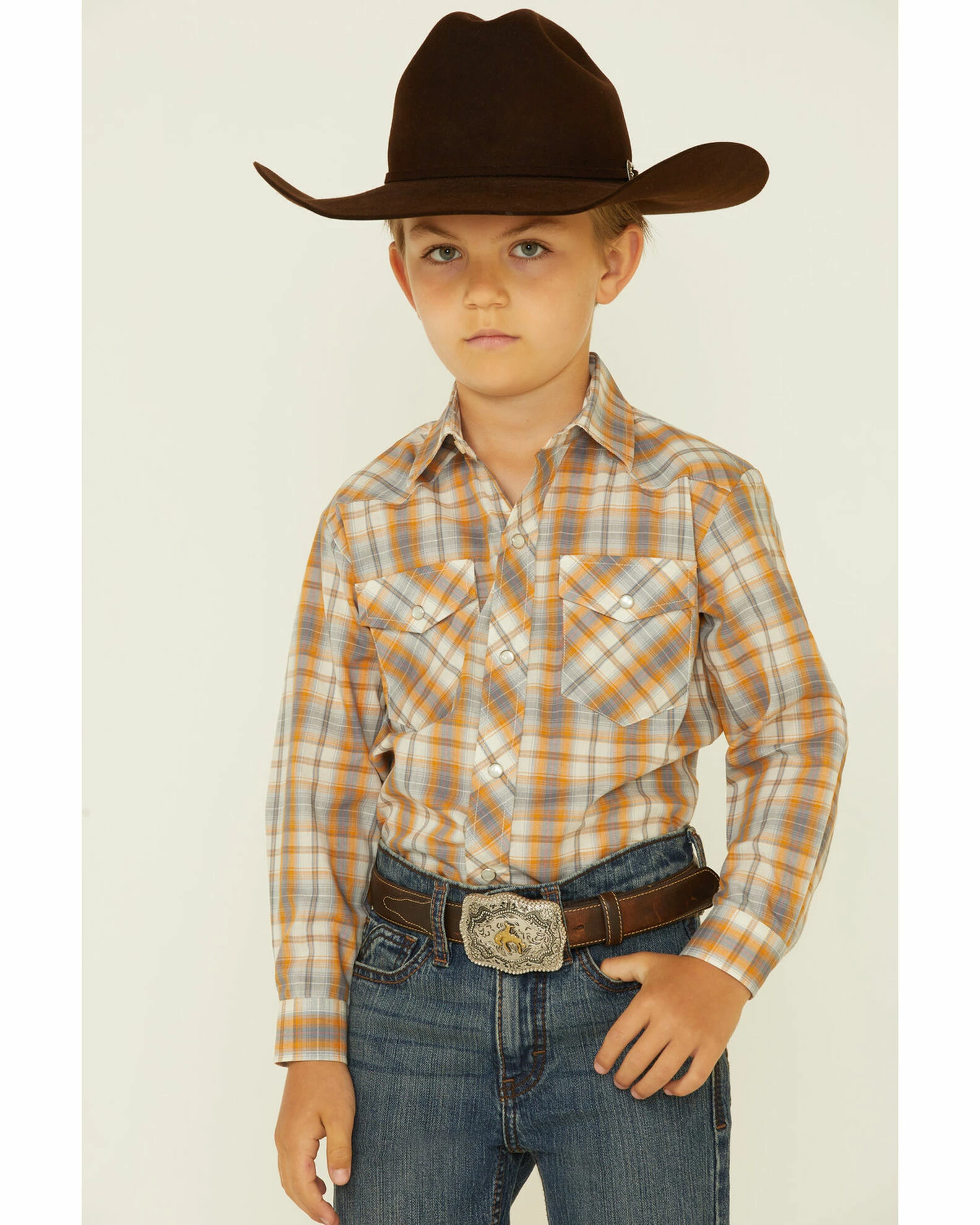 Roper Boys' Orange & Grey Plaid Long Sleeve Snap Western Shirt 3 Roper Boys' Orange & Grey Plaid Long Sleeve Snap Western Shirt