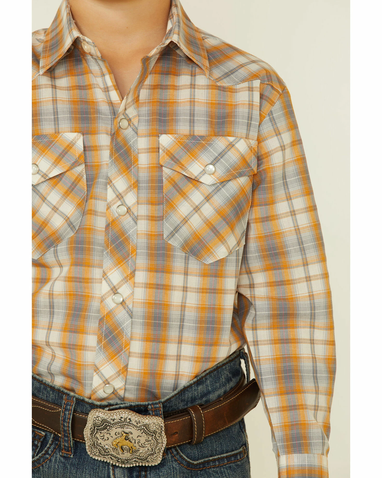 Roper Boys' Orange & Grey Plaid Long Sleeve Snap Western Shirt 4 Roper Boys' Orange & Grey Plaid Long Sleeve Snap Western Shirt - Image 2