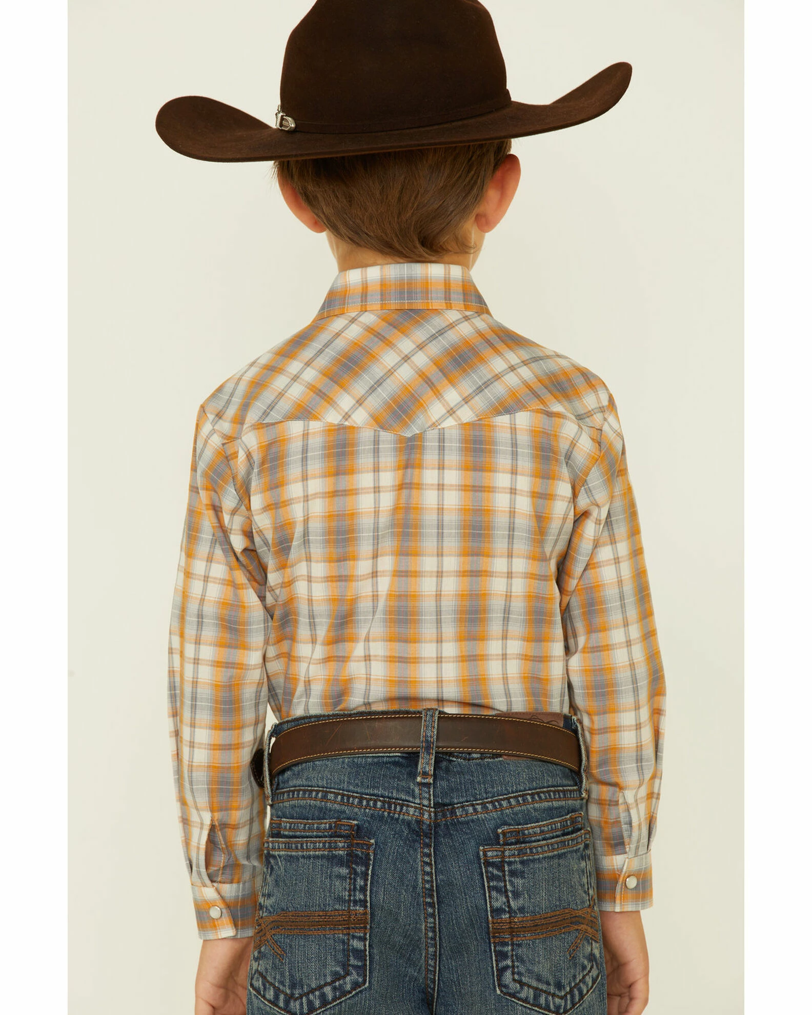 Roper Boys' Orange & Grey Plaid Long Sleeve Snap Western Shirt 5 Roper Boys' Orange & Grey Plaid Long Sleeve Snap Western Shirt - Image 3