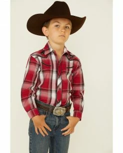 Roper Boys' Red Plaid Embroidered Bull Yoke Long Sleeve Snap Western Shirt 