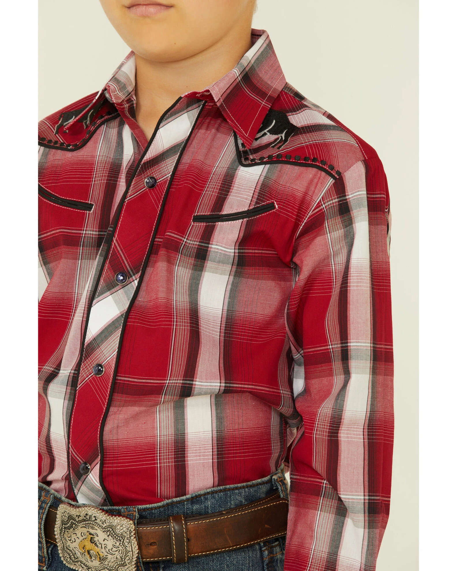 Roper Boys' Red Plaid Embroidered Bull Yoke Long Sleeve Snap Western Shirt 5 Roper Boys' Red Plaid Embroidered Bull Yoke Long Sleeve Snap Western Shirt - Image 3