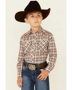 Roper Boys' Brown Plaid Long Sleeve Snap Western Shirt 