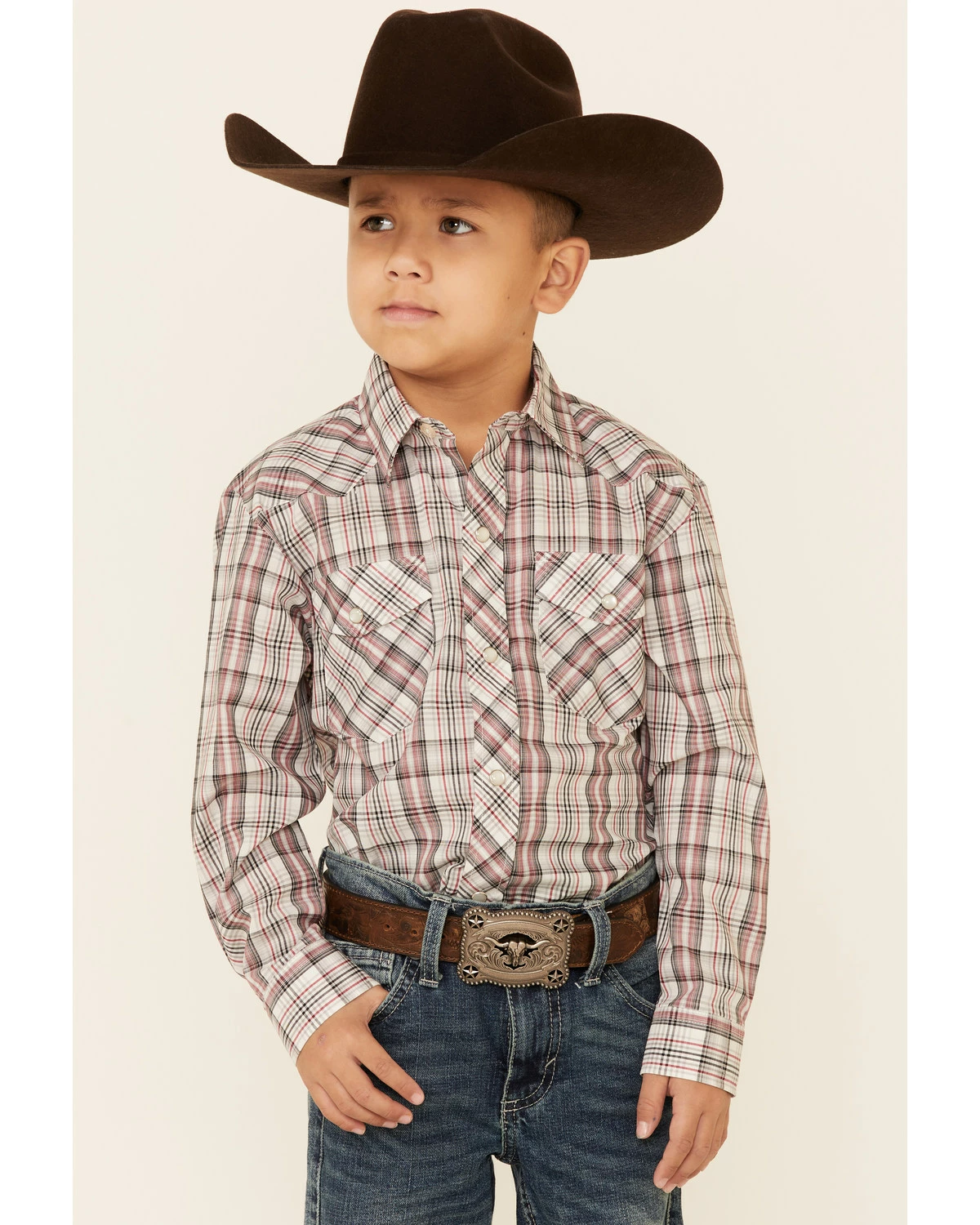 Roper Boys' Cream Plaid Long Sleeve Snap Western Shirt White 7 Roper Boys' Cream Plaid Long Sleeve Snap Western Shirt White - Image 5