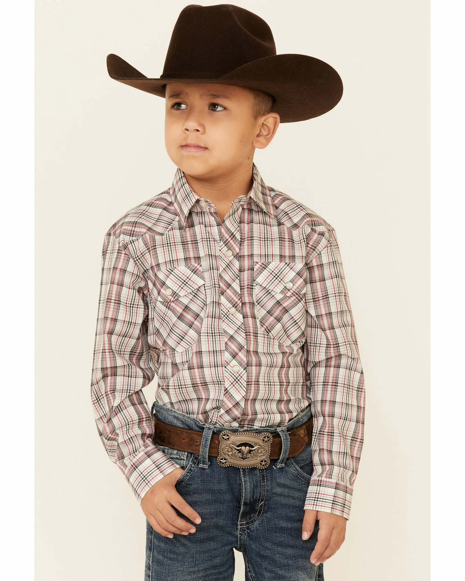 Roper Boys' Cream Plaid Long Sleeve Snap Western Shirt White 3 Roper Boys' Cream Plaid Long Sleeve Snap Western Shirt White