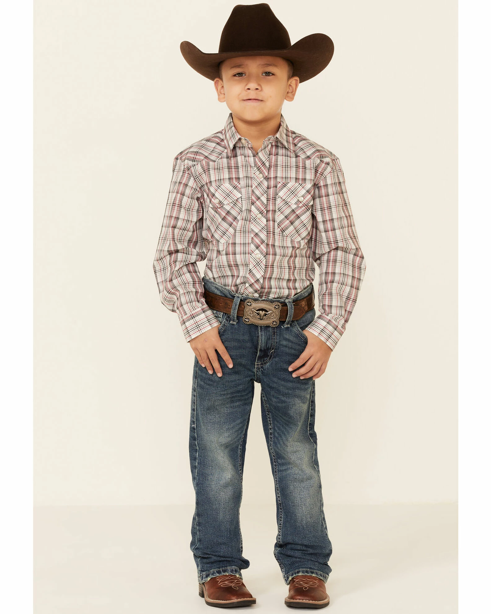 Roper Boys' Cream Plaid Long Sleeve Snap Western Shirt White 4 Roper Boys' Cream Plaid Long Sleeve Snap Western Shirt White - Image 2