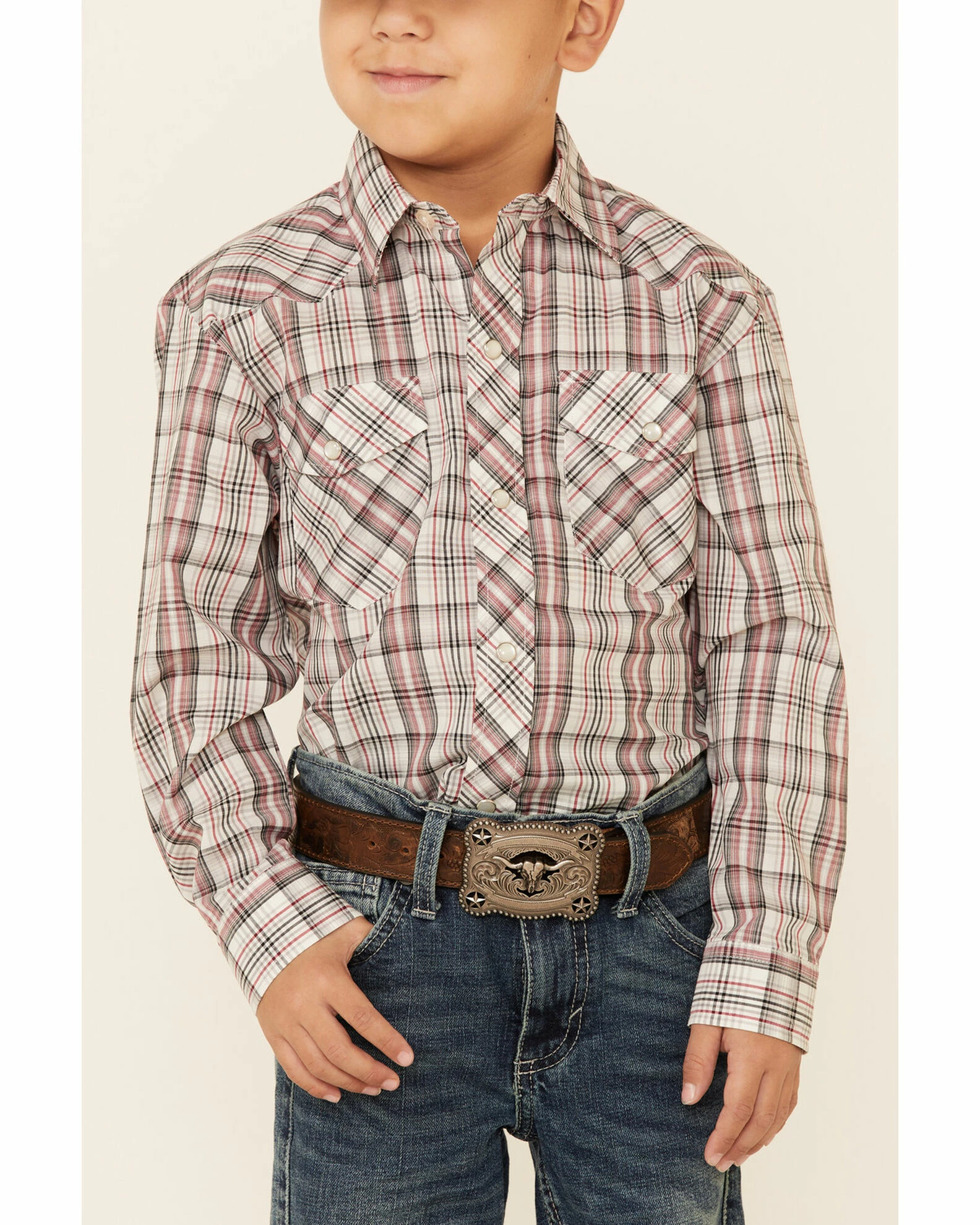 Roper Boys' Cream Plaid Long Sleeve Snap Western Shirt White 5 Roper Boys' Cream Plaid Long Sleeve Snap Western Shirt White - Image 3