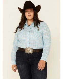 Roper Women's Turquoise Plaid Long Sleeve Snap Western Core Shirt - Plus