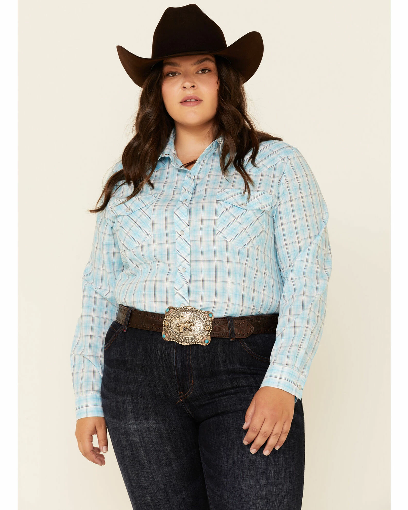 Roper Women's Turquoise Plaid Long Sleeve Snap Western Core Shirt - Plus 3 Roper Women's Turquoise Plaid Long Sleeve Snap Western Core Shirt - Plus