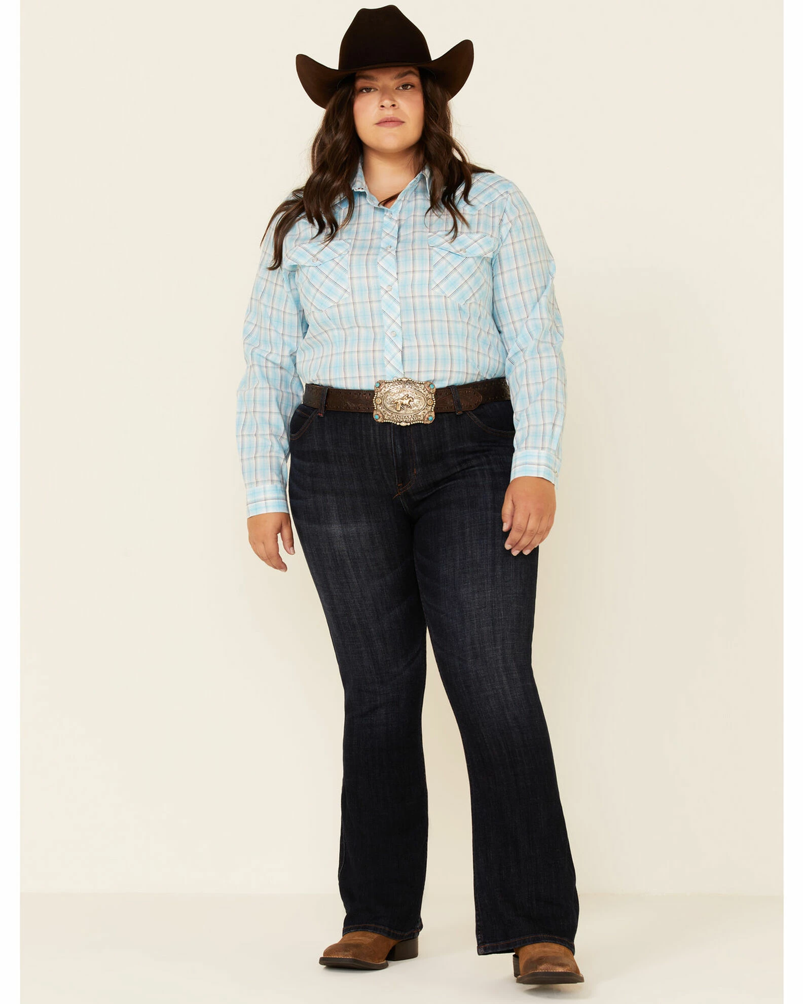 Roper Women's Turquoise Plaid Long Sleeve Snap Western Core Shirt - Plus 4 Roper Women's Turquoise Plaid Long Sleeve Snap Western Core Shirt - Plus - Image 2