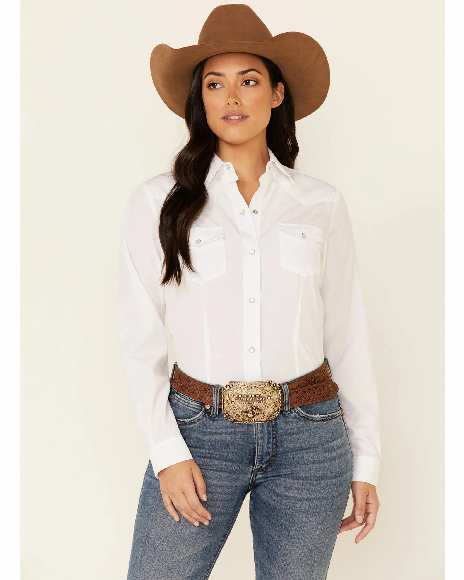 Roper Women's White Tone-On-Tone Solid Long Sleeve Snap Western Shirt 3 Roper Women's White Tone-On-Tone Solid Long Sleeve Snap Western Shirt