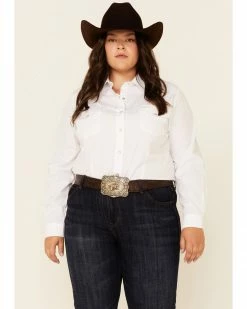 Roper Women's White Tone-On-Tone Solid Long Sleeve Snap Western Shirt - Plus -Roper Shop 2000339151 100 P1 1
