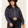 Roper Women's Classic Floral Print Long Sleeve Snap Western Core Shirt - Plus Blue