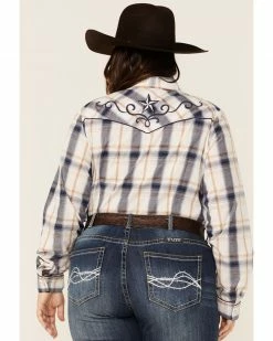 Roper Women's Multi Plaid Embroidered Back Yoke Long Sleeve Snap Western Core Shirt - Plus Blue -Roper Shop 2000339157 400 P3