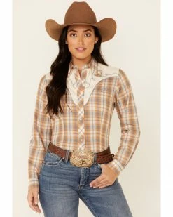 Roper Women's Mustard Plaid Fancy Applique Yoke Long Sleeve Snap Western Shirt  -Roper Shop 2000339158 702 P1 1