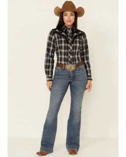 Roper Women's Black Plaid Fancy Applique Yoke Long Sleeve Snap Western Shirt  -Roper Shop 2000339167 001 P1 1