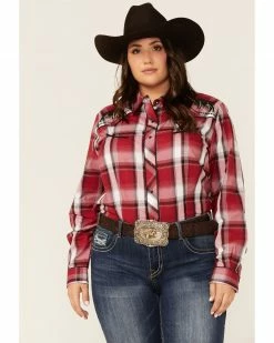 Roper Women's Red Plaid Bull Embroidered Yoke Long Sleeve Snap Western Core Shirt -Â Plus