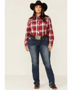 Roper Women's Red Plaid Bull Embroidered Yoke Long Sleeve Snap Western Core Shirt - Plus -Roper Shop 2000339169 600 P4