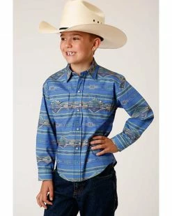Roper Boys' Southwestern Print Long Sleeve Snap Western Shirt Blue