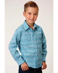 Roper Boys' Turquoise Southwestern Print Long Sleeve Snap Western Shirt