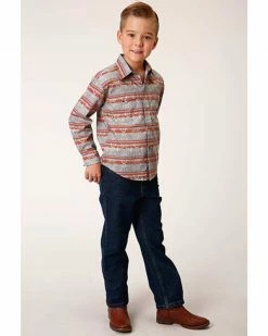Roper Boys' Southwestern Print Long Sleeve Western Shirt Grey