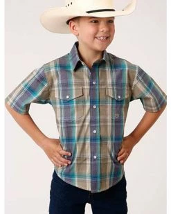 Roper Boys' Wildwood Plaid Short Sleeve Western Snap Shirt
