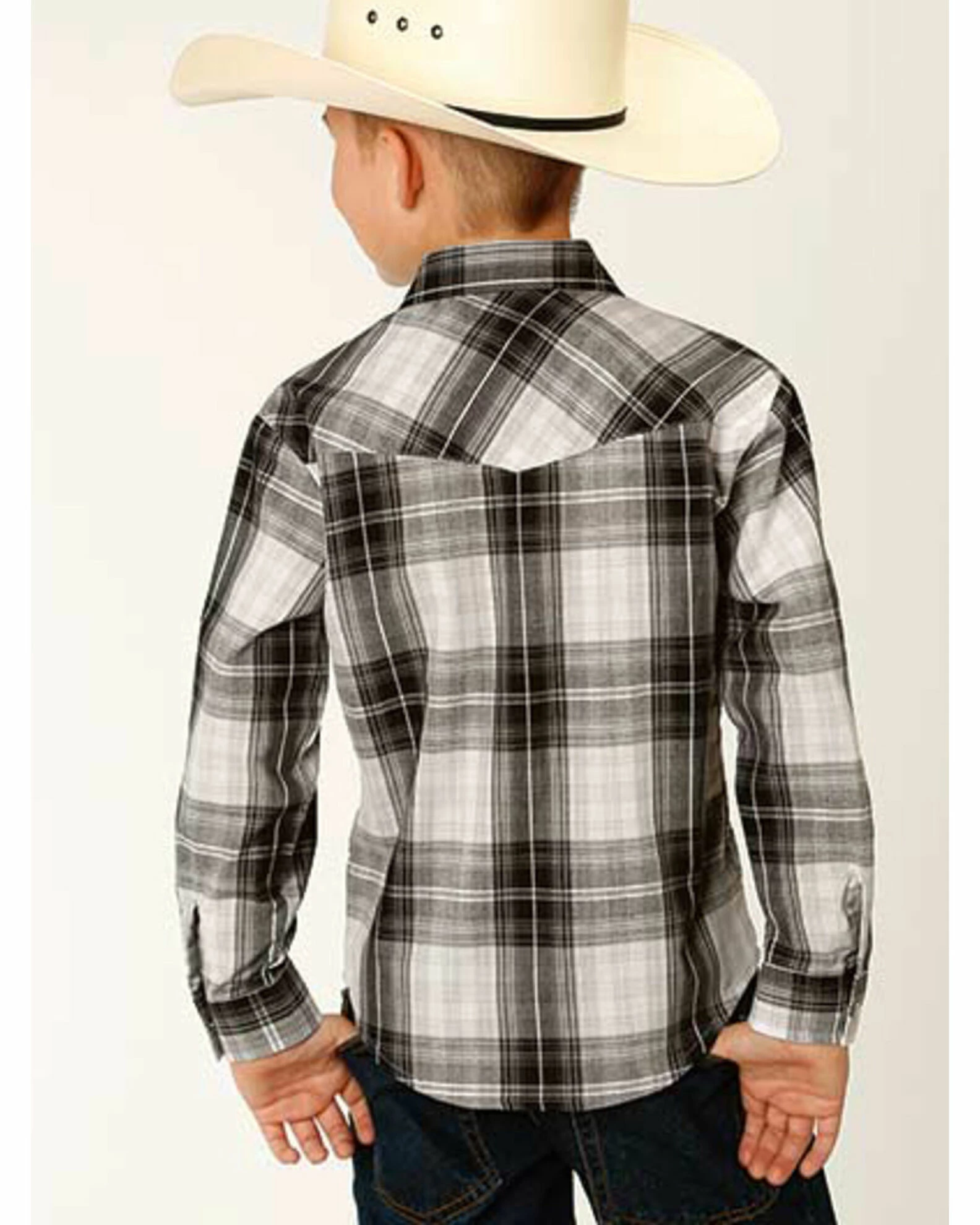 Roper Boys' Classic Black Plaid Long Sleeve Snap Western Shirt 4 Roper Boys' Classic Black Plaid Long Sleeve Snap Western Shirt - Image 2