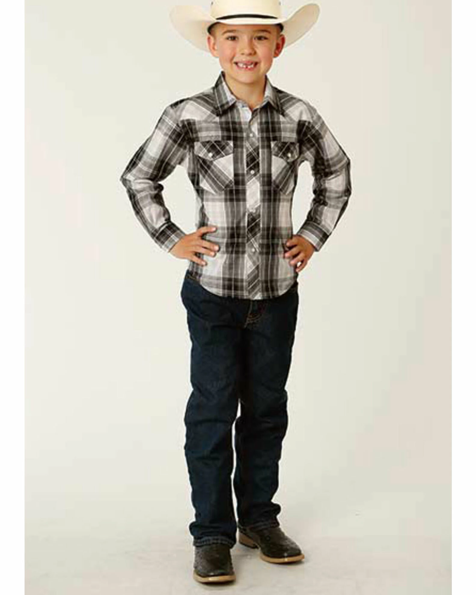 Roper Boys' Classic Black Plaid Long Sleeve Snap Western Shirt 5 Roper Boys' Classic Black Plaid Long Sleeve Snap Western Shirt - Image 3