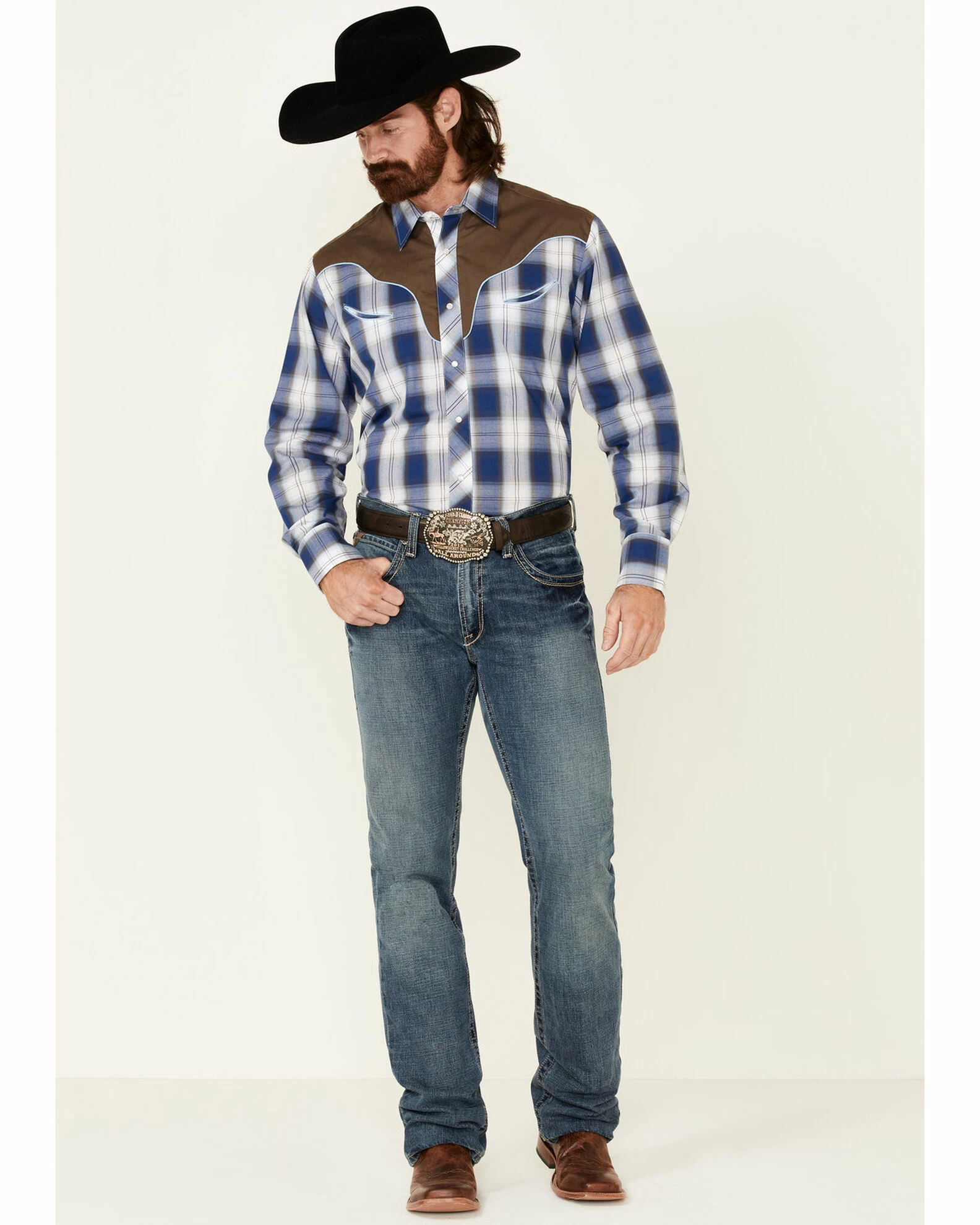 Roper Men's Embroidered Large Plaid Long Sleeve Snap Western Shirt Blue 4 Roper Men's Embroidered Large Plaid Long Sleeve Snap Western Shirt Blue - Image 2