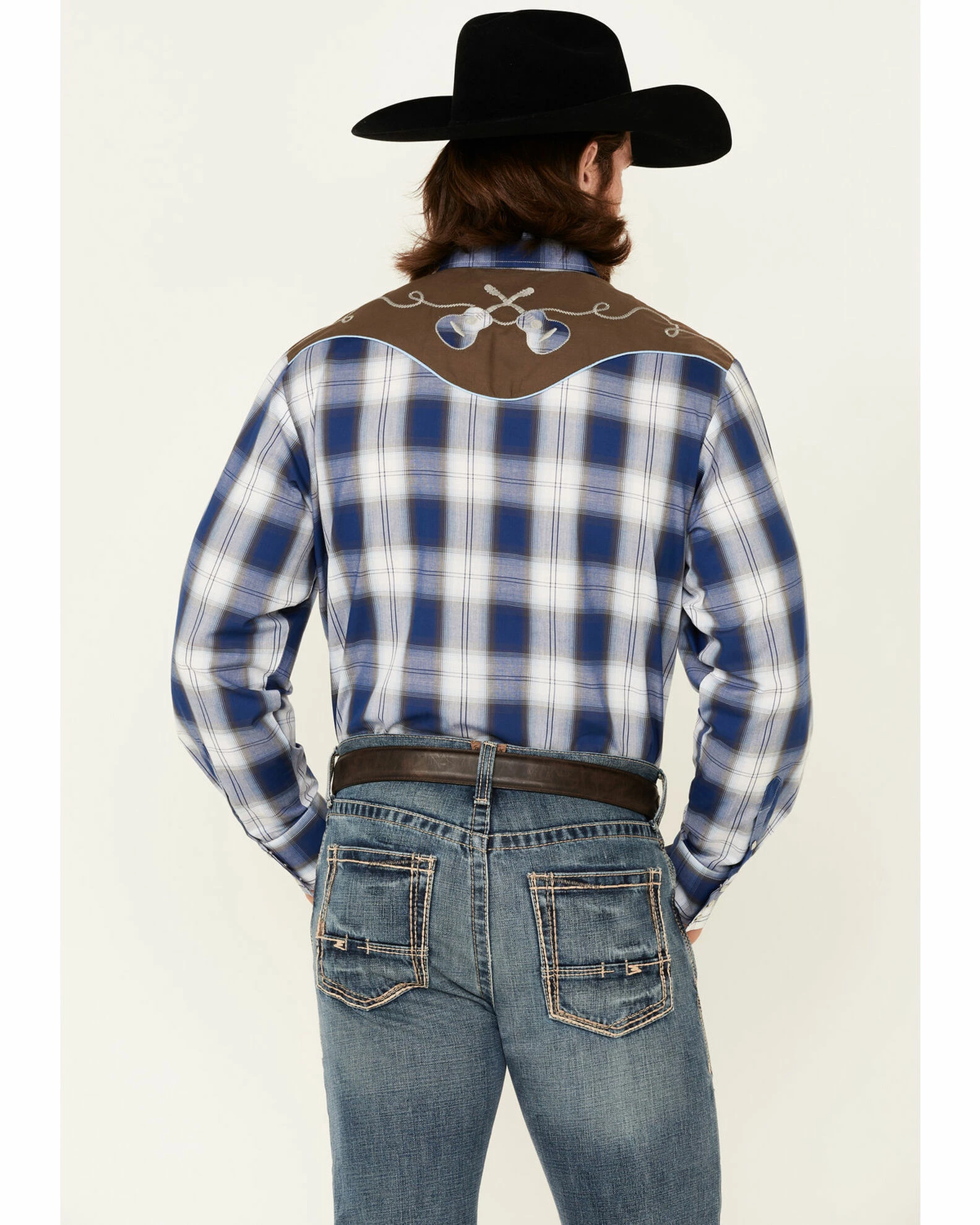 Roper Men's Embroidered Large Plaid Long Sleeve Snap Western Shirt Blue 6 Roper Men's Embroidered Large Plaid Long Sleeve Snap Western Shirt Blue - Image 4