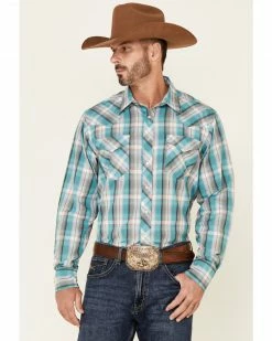 Roper Men's Juniper Dobby Large Plaid Long Sleeve Snap Western Shirt Blue