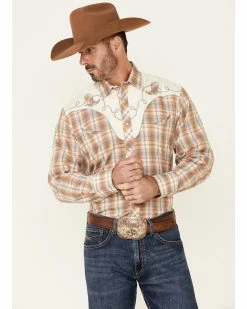 Roper Men's Orange Embroidered Plaid Long Sleeve Snap Western Shirt  -Roper Shop 2000340629 800 P1 1