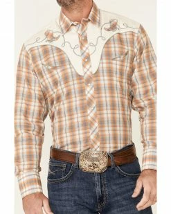 Roper Men's Orange Embroidered Plaid Long Sleeve Snap Western Shirt  -Roper Shop 2000340629 800 P3