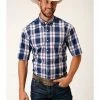 Roper Amarillo Men's Plaid Snap Short Sleeve Western Shirt  Navy