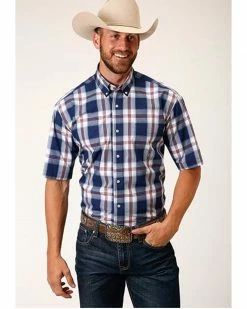 Roper Amarillo Men's Plaid Snap Short Sleeve Western Shirt Navy