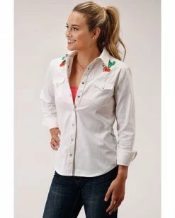 Roper Women's White Denim Cactus Embroidered Long Sleeve Snap Western Core Shirt
