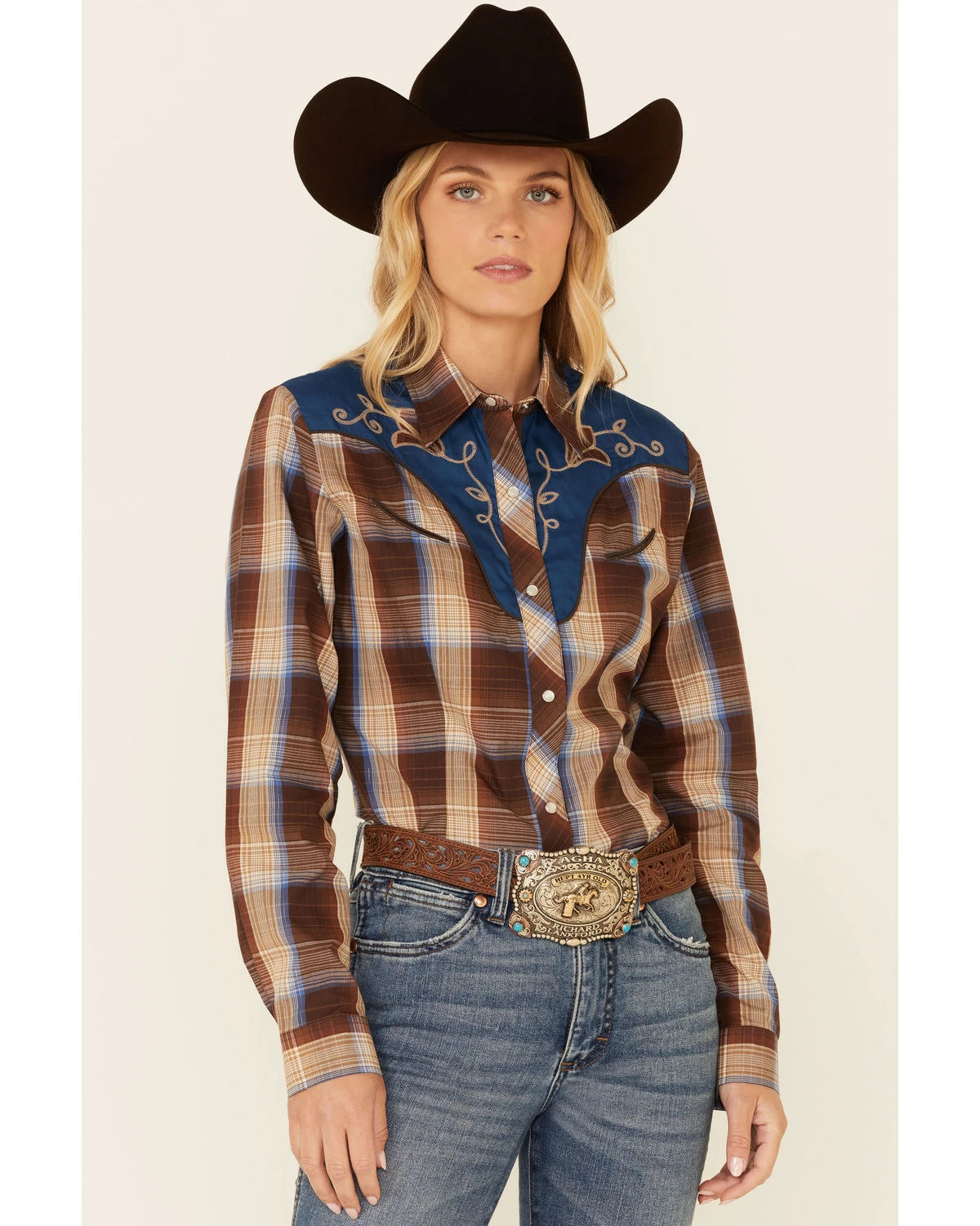 Roper Women's Brown Plaid Fancy Applique Long Sleeve Snap Western Shirt 7 Roper Women's Brown Plaid Fancy Applique Long Sleeve Snap Western Shirt - Image 5