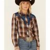 Roper Women's Brown Plaid Fancy Applique Long Sleeve Snap Western Shirt  -Roper Shop 2000346287 200 P1