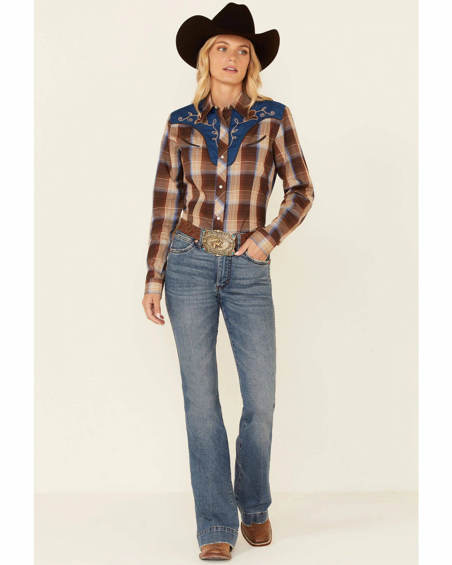 Roper Women's Brown Plaid Fancy Applique Long Sleeve Snap Western Shirt 4 Roper Women's Brown Plaid Fancy Applique Long Sleeve Snap Western Shirt - Image 2