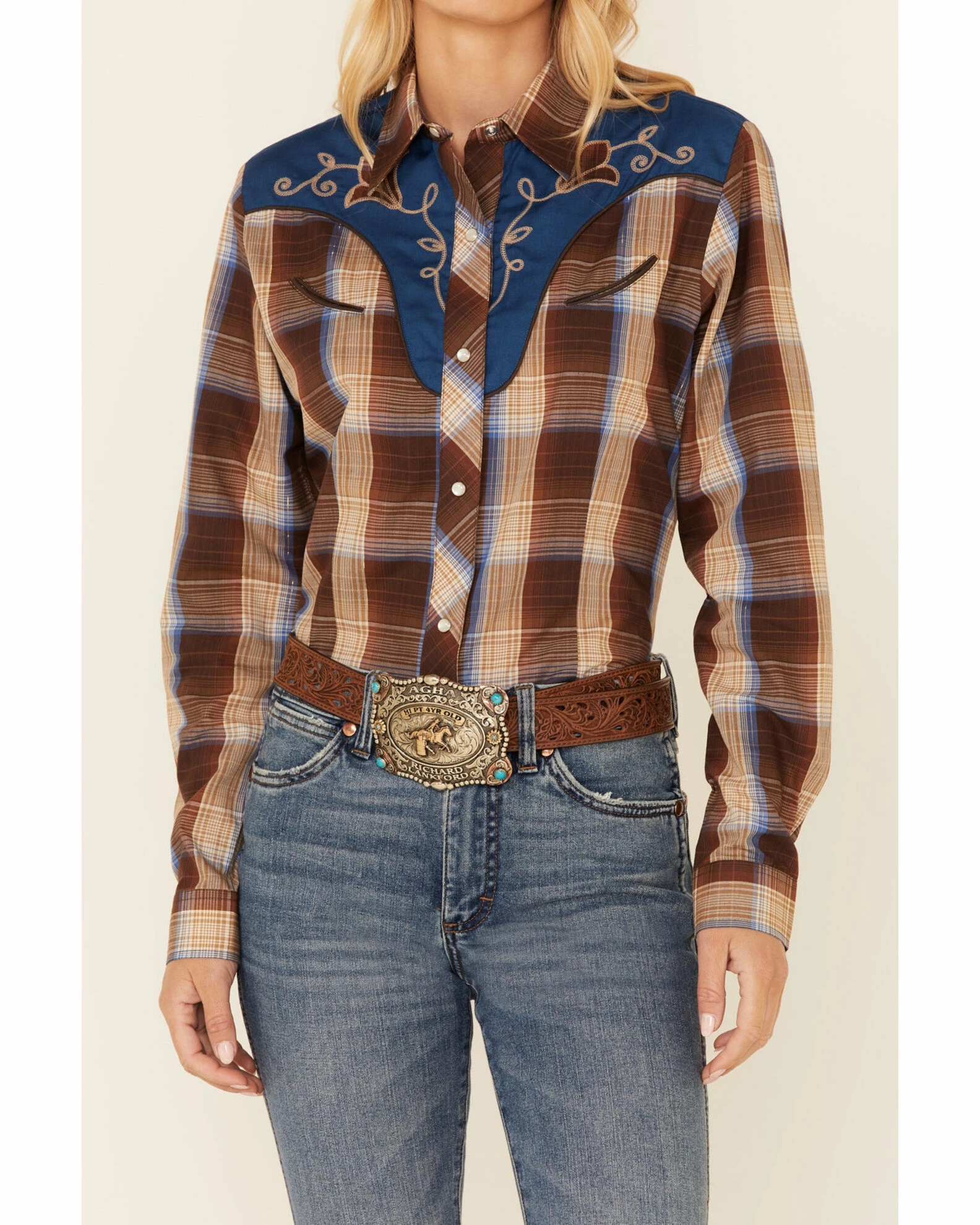 Roper Women's Brown Plaid Fancy Applique Long Sleeve Snap Western Shirt 5 Roper Women's Brown Plaid Fancy Applique Long Sleeve Snap Western Shirt - Image 3