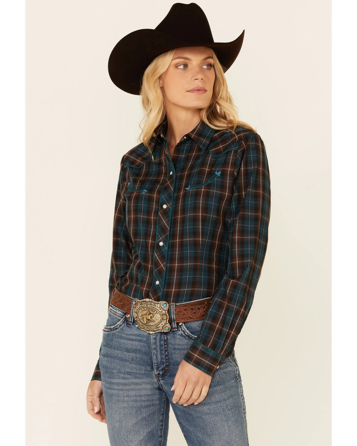 Roper Women's Brown & Teal Plaid Piped Long Sleeve Snap Western Core Shirt 7 Roper Women's Brown & Teal Plaid Piped Long Sleeve Snap Western Core Shirt - Image 5